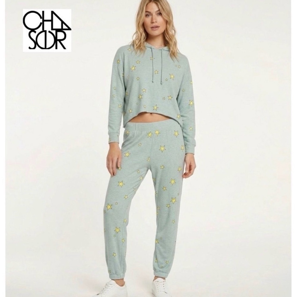 Chaser Baby Blue Yellow Star Lounge Hoodie Jogger Set Small